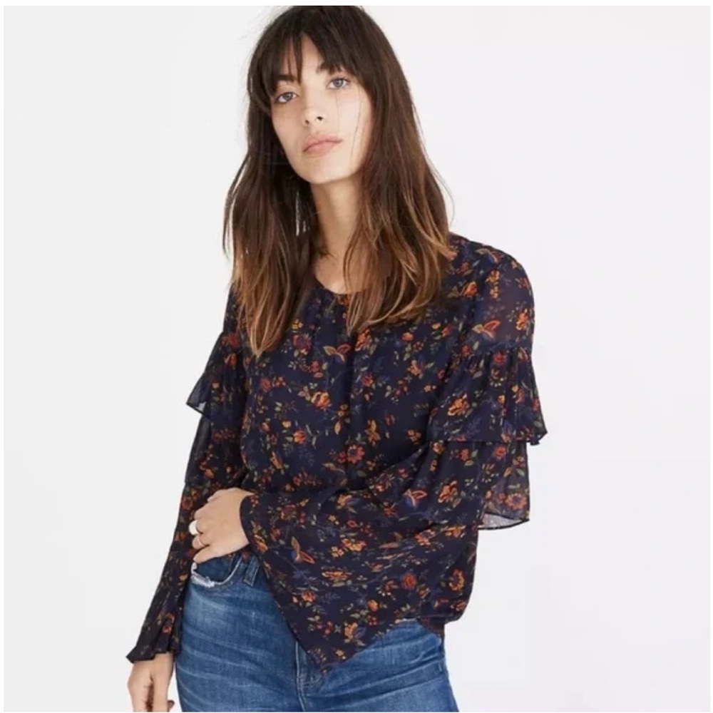 Madewell Ruffle-Sleeve Top Blouse in Climbing Vine Navy Blue Floral Size M Boho
